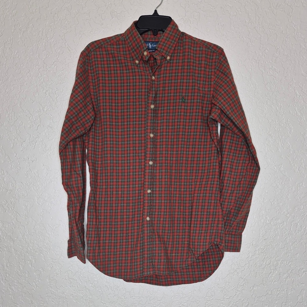 Ralph Lauren Mens Classic Fit Plaid Button Down Shirt Red Green Cotton Small